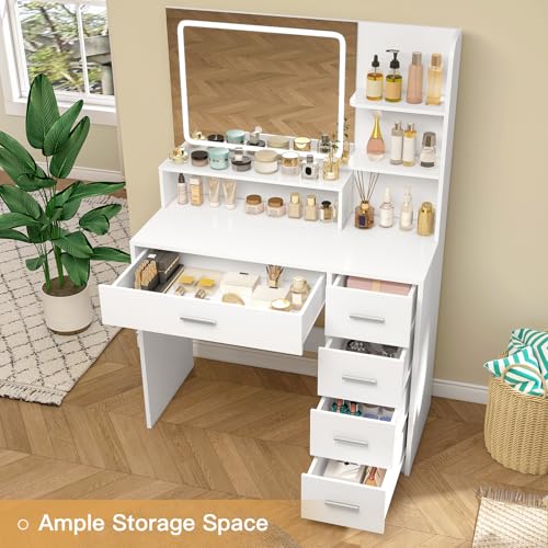 Quimoo Makeup Vanity Desk with Mirror & Lights, 5 Drawers, White Y954