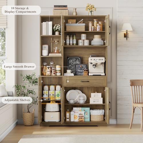 HOSTACK 71" Tall Kitchen Pantry Storage Cabinet with Microwave Stand, Barn Doors, Ash Grey H766476