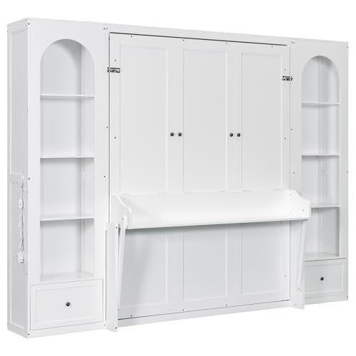 Merax Queen Murphy Bed Wall Bed with Sofa and Cushion, White V57291