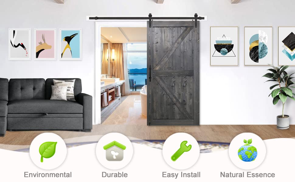 S&Z TOPHAND® 20 in x 84 in Elephant Gray British Brace Knotty Barn Door with 4FT Sliding Hardware Kit G149446