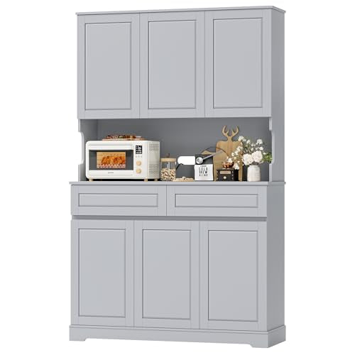 74" Tall Pantry Cabinet with 6 Doors and 2 Drawers, Grey E15130