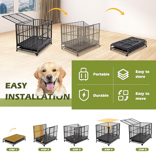 Heavy Duty Folding Dog Crate for Large Dogs, 38 Inch with Lockable Wheels and Double Door W312686
