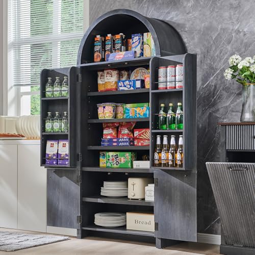 71" Tall Arched Kitchen Pantry, Modern Fluted Wood Storage Cabinet with Doors A419441
