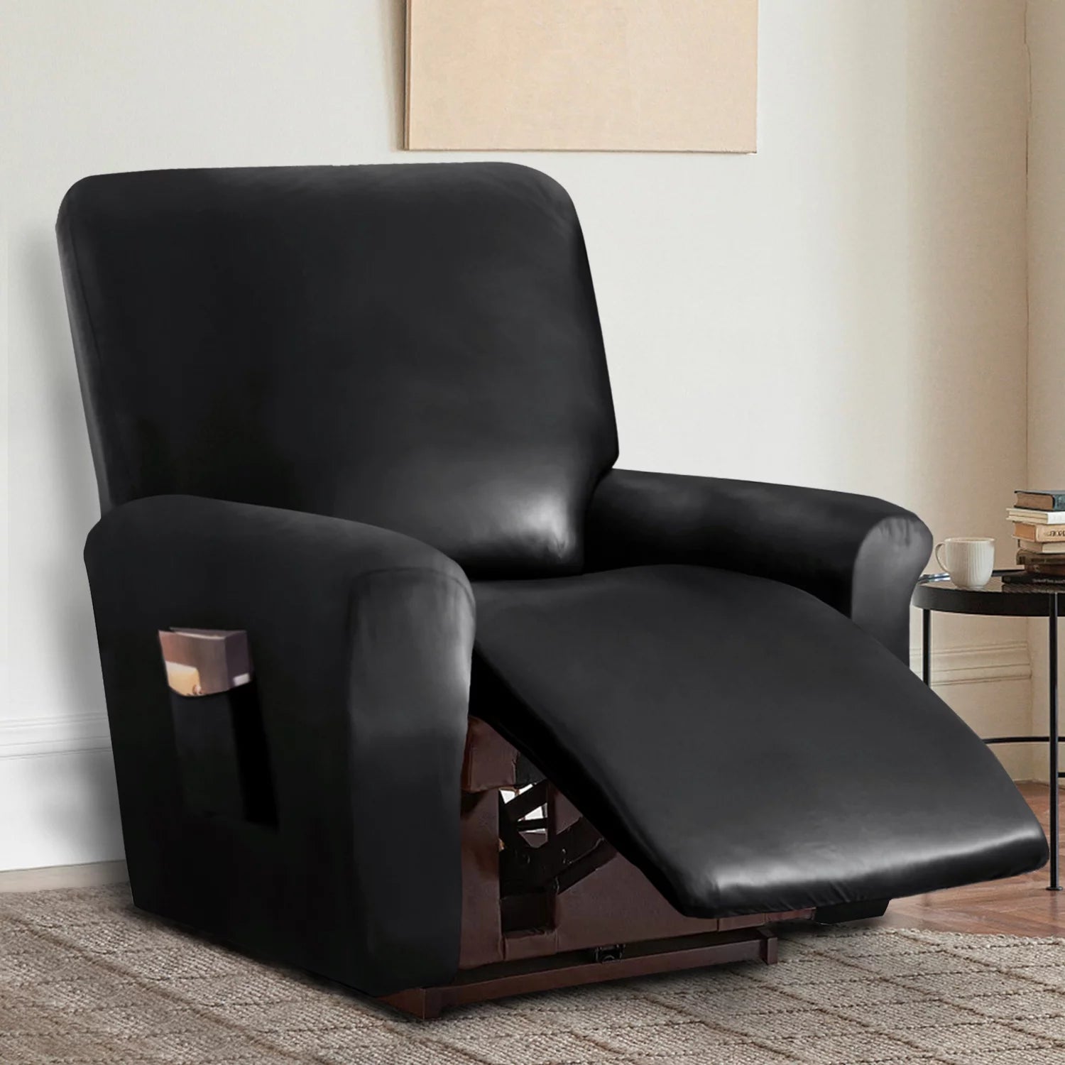 PU Leather Recliner Chair Cover 4-Pieces Waterproof Stretch with Pockets, 1 Seater, Black T9863