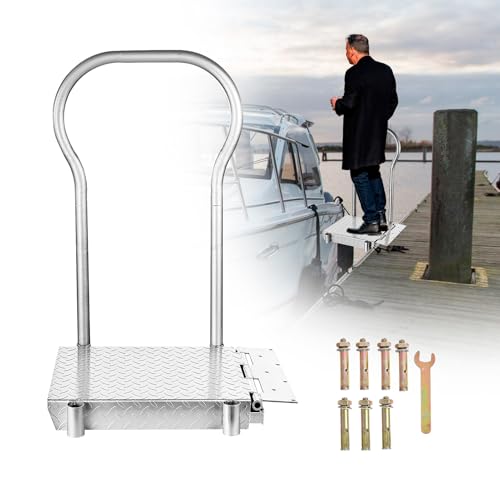 Folding Boat Boarding Platform with Handrail 500LBs Load Dock Step Dock Extension Ramp to Step Up Down Non-Slip Heavy Duty Steel rustproof with Safety Handle Grab Bar for Boat Lifts Marina Dock Deck