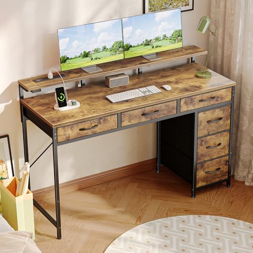 Huuger Gaming Desk with 6 Drawers, LED Lights, 47 Inch, Black N423283