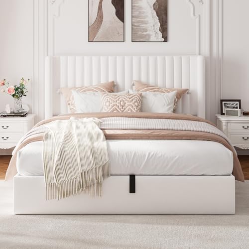 Full Size Lift Up Storage Bed with Wingback Headboard, White Y8002