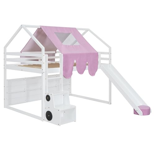 Harper & Bright Designs Kids Twin Low Loft Bed with Slide, Storage Shelves & Stairs, White/Pink C414827