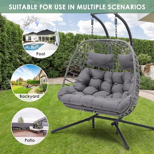 Double Egg Swing Chair with Stand, Rattan Wicker, UV Resistant Cushion, Metal Frame N439669