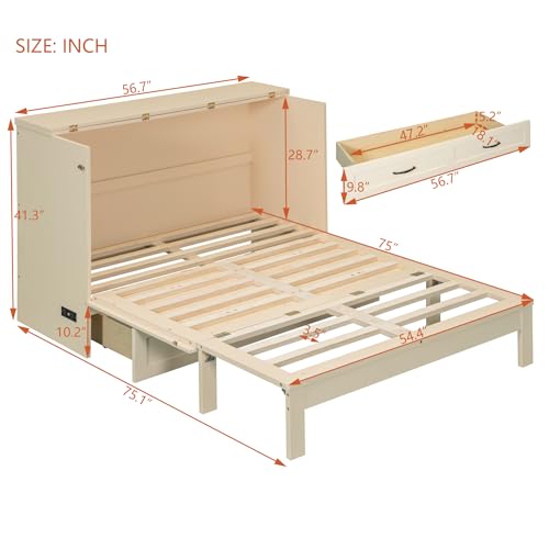 Merax Full Size Murphy Bed Cabinet with Charging Station and Storage Drawer, Gold O7045