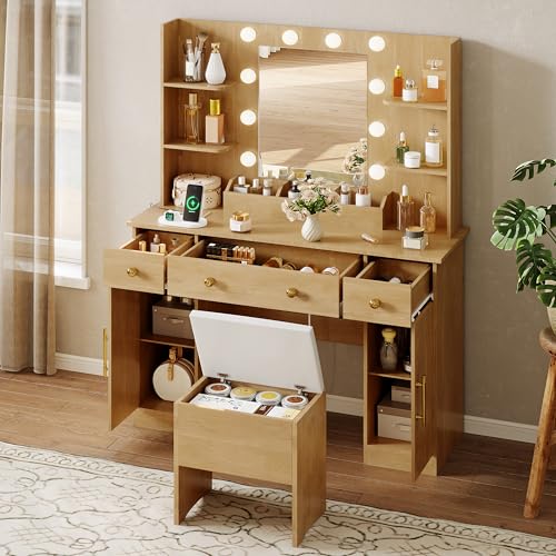 White Vanity Desk with Mirror and Lights, Charging Station and Stool Z6519