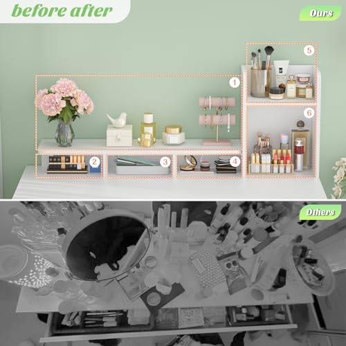 White Vanity Desk with Power Outlet and Storage Y378