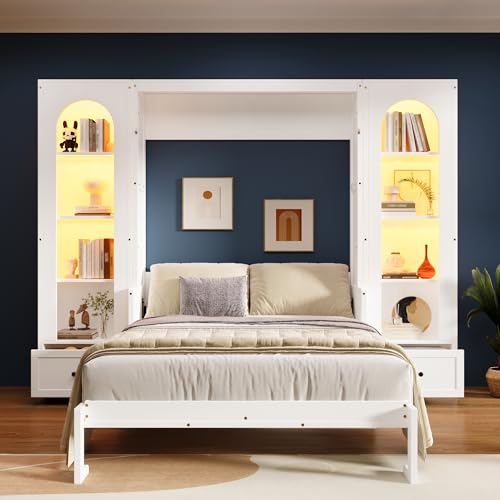 Merax Queen Murphy Bed Wall Bed with Sofa and Cushion, White V57291