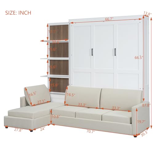 Harper & Bright Designs Queen Murphy Bed with Sofa and Shelves, White P14954