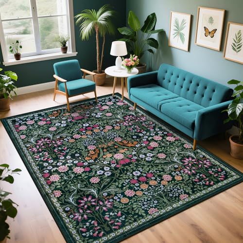 8x10 Floral Washable Area Rug for Living Room, Vintage Soft Non-Slip Carpet Z978379