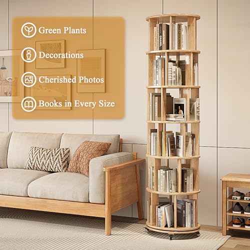 6 Tier Rotating Bookshelf Tower with Swivel Wheels, Solid Wood, Walnut B588