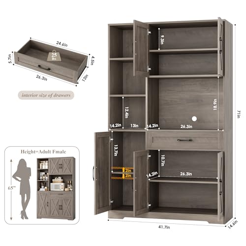 HOSTACK 71" Tall Kitchen Pantry Storage Cabinet with Microwave Stand, Barn Doors, Ash Grey H766476