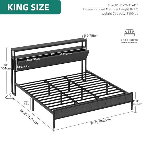 YITAHOME Queen Bed Frame with Storage Headboard, LED, Charging Station, Gray X281055