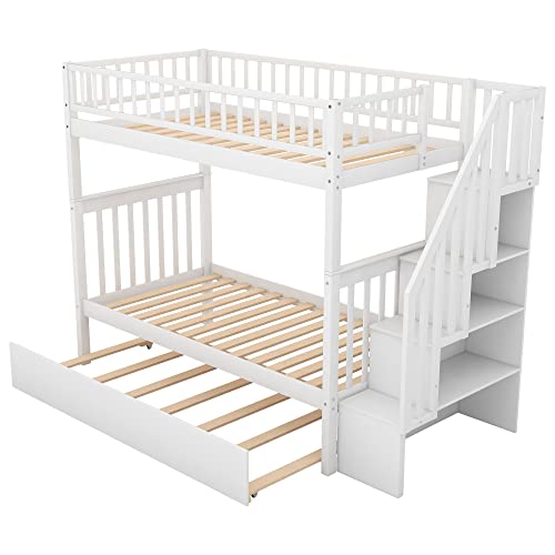 Twin-Over-Twin Bunk Bed with Trundle and Storage Staircase, Solid Wood, White I987686