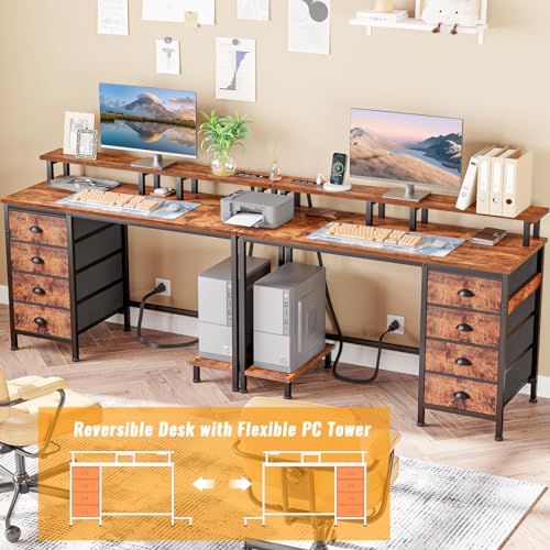 Furologee 47" Computer Gaming Desk with Monitor Stand, 4 Fabric Drawers & Power Outlets, Rustic Brown U645888