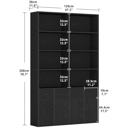 IRONCK 78.7" Bookcase with 4 Drawers and 4 Doors, 6 Tier, Vintage Black Z686086