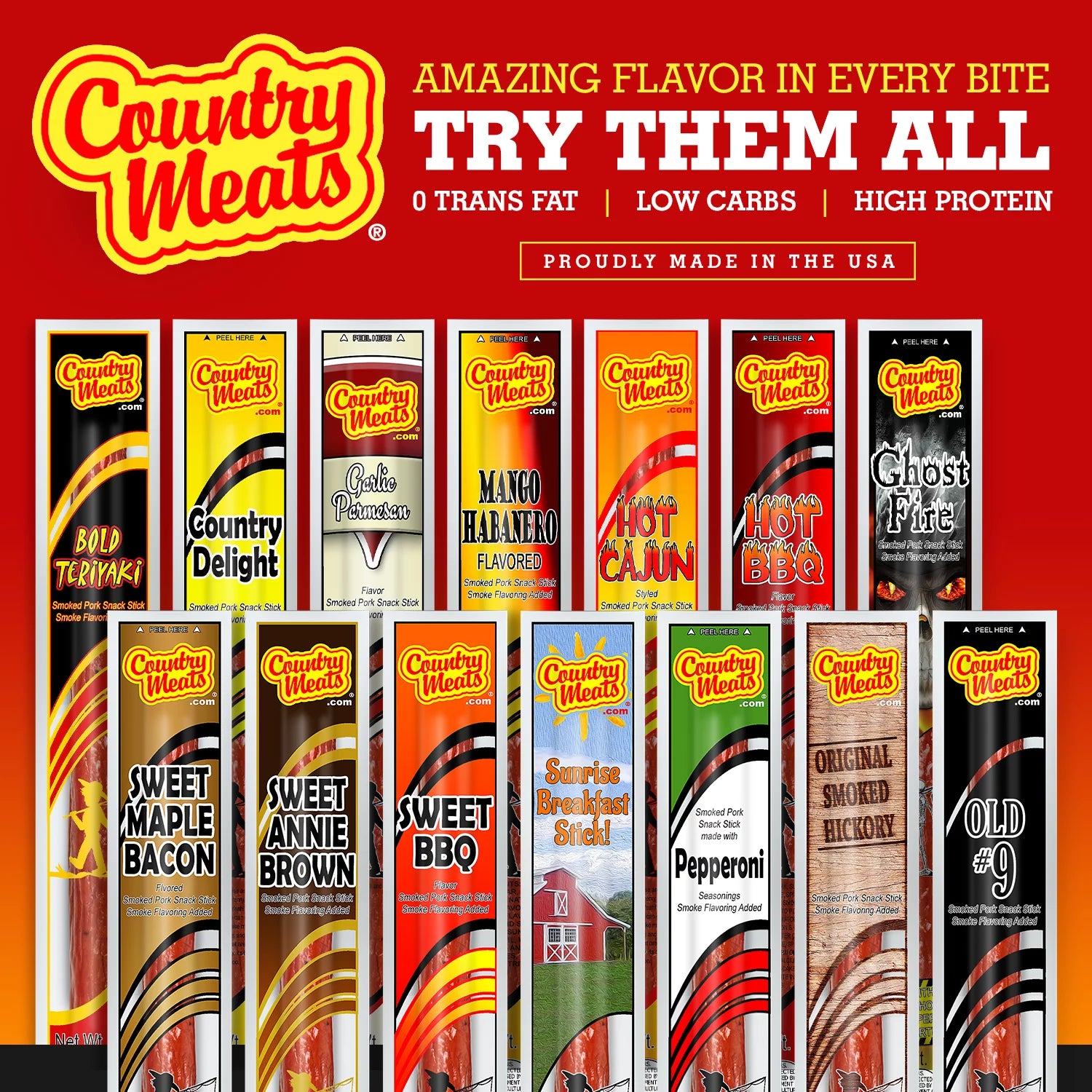 Country Meats High Protein Keto Friendly Meat Sticks Variety Pack O134192