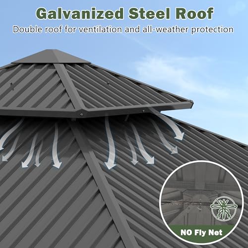 12'x12' Hardtop Gazebo with Galvanized Steel Roof, Aluminum Frame, Curtains & Netting X81832