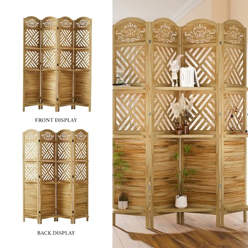 Folding Wood Room Divider with Shelves, 6 Panels, Natural K301