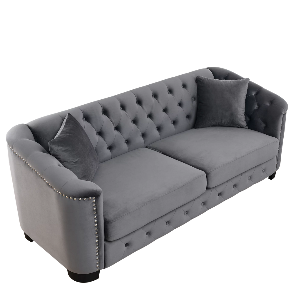 77-Inch Modern Chesterfield Velvet 3-Seater Sofa with Tufted Backrests, Grey E686