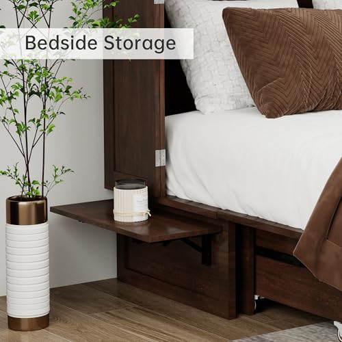 Solid Wood Murphy Bed Cabinet Full with USB Charging Ports and Storage Drawer, Ebony D190415