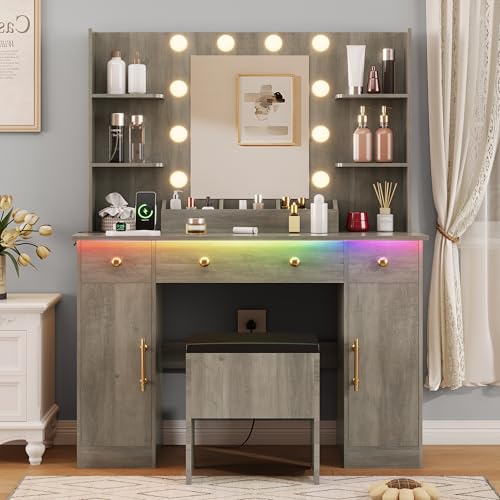 White Vanity Desk with Mirror and Lights, Charging Station and Stool Z6519