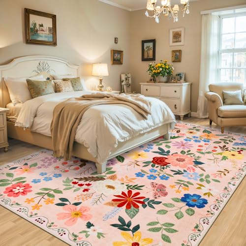 8x10 Floral Washable Area Rug for Living Room, Vintage Soft Non-Slip Carpet Z978379
