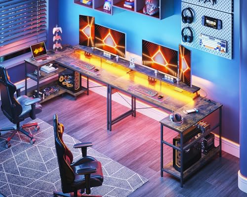 ODK 48 Inch L Shaped Gaming Desk with USB Charging Ports and LED Lights S136
