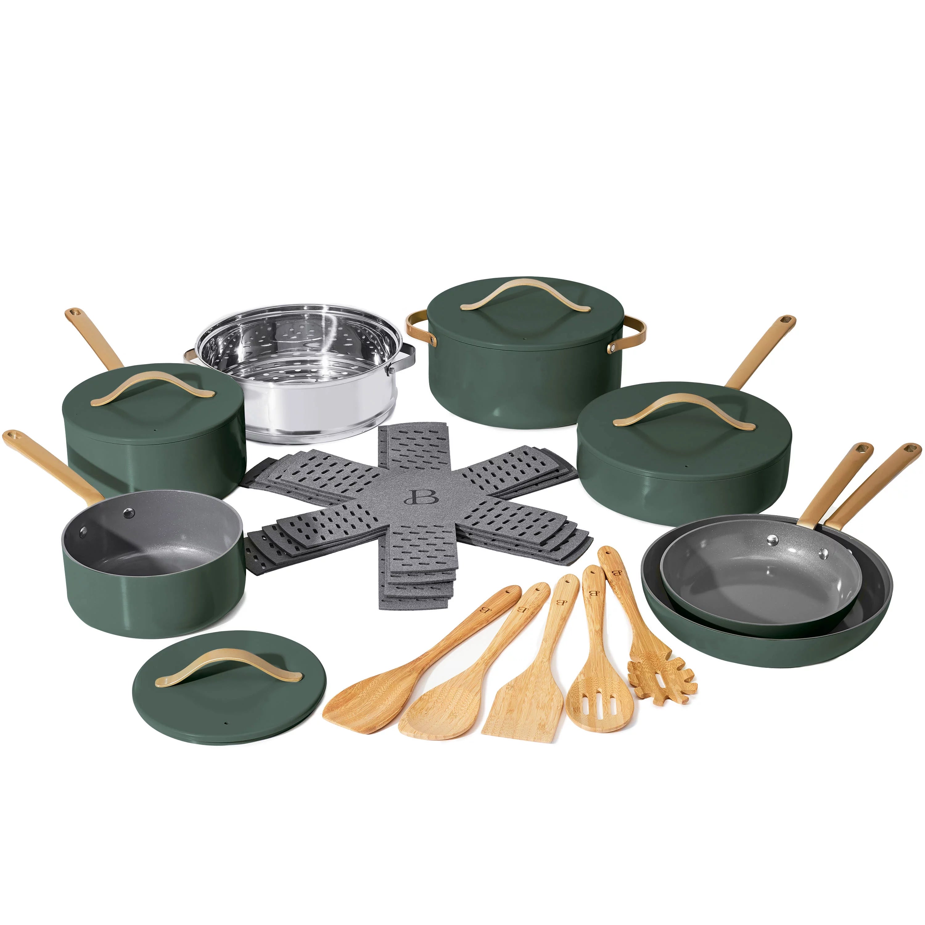 Beautiful 20pc Ceramic Non-Stick Cookware Set, Thyme Green by Drew Barrymore Y656