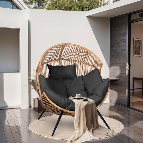 JAMFLY Egg Chair Wicker Outdoor Patio Lounger with Cushion, Beige O9160