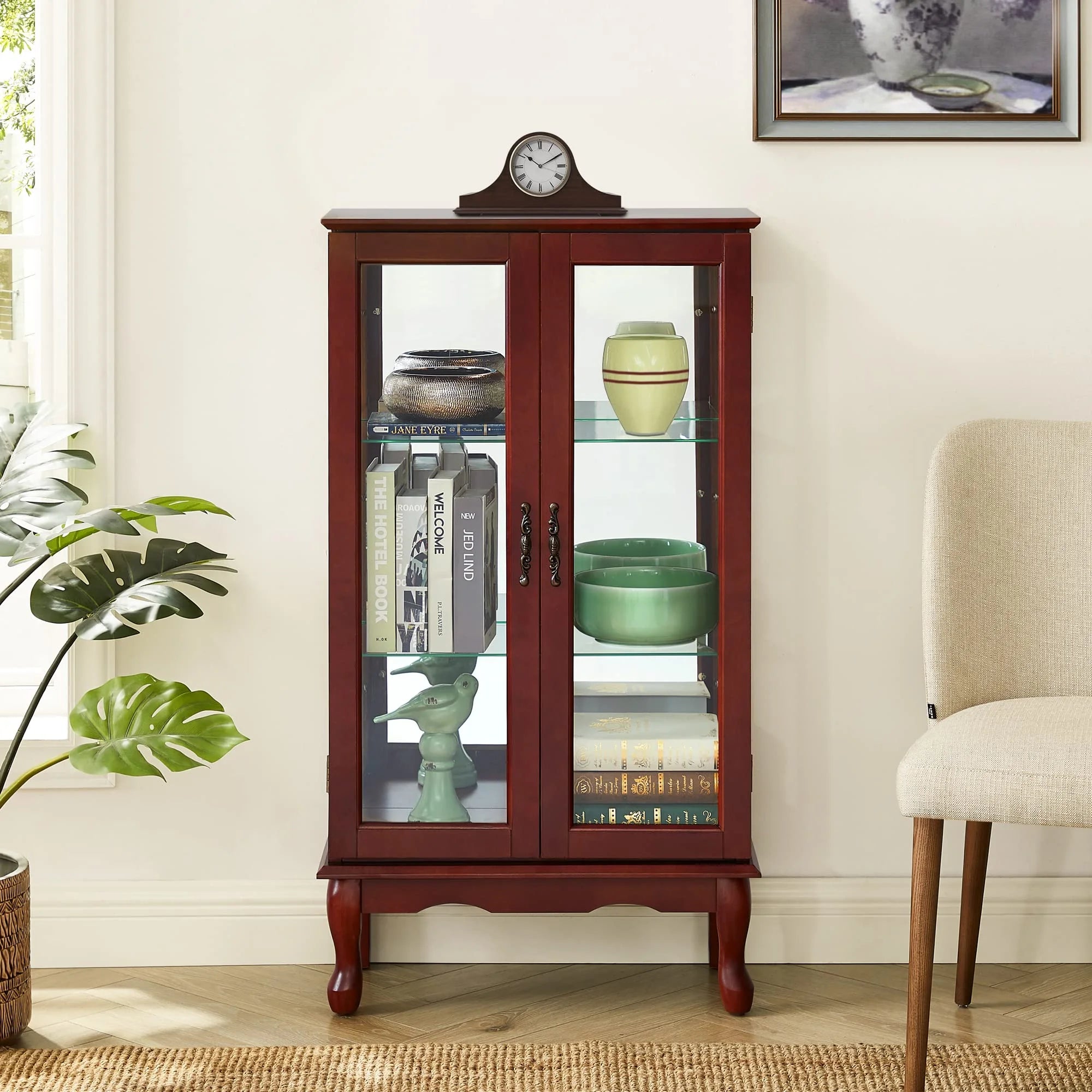 Ufurpie 3 Tier Curio Cabinet with Mirrored Back Panel and Tempered Glass Doors, Cherry M84574