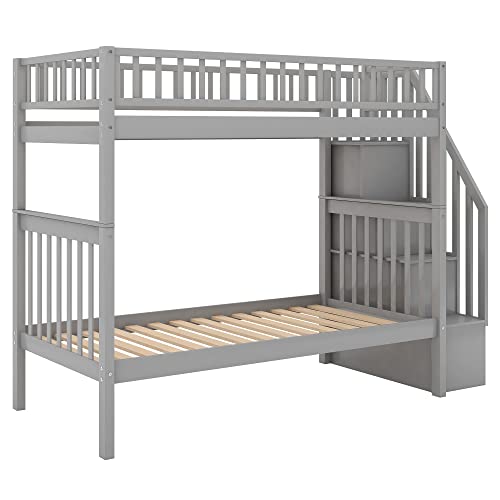 Twin-Over-Twin Bunk Bed with Trundle and Storage Staircase, Solid Wood, White I987686