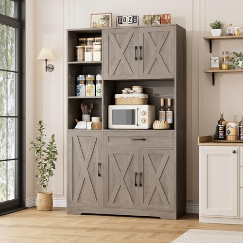HOSTACK 71" Tall Kitchen Pantry Storage Cabinet with Microwave Stand, Barn Doors, Ash Grey H766476