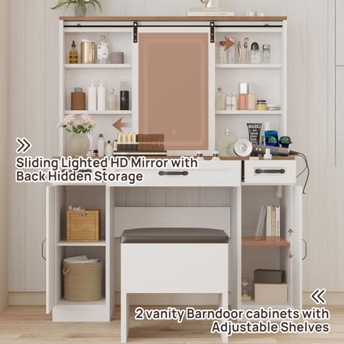 Farmhouse Vanity Desk with Lighted Mirror & Stool, 8 Shelves, 5 Drawers L80251