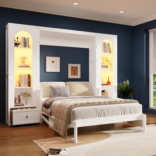 Merax Queen Murphy Bed Wall Bed with Sofa and Cushion, White V57291