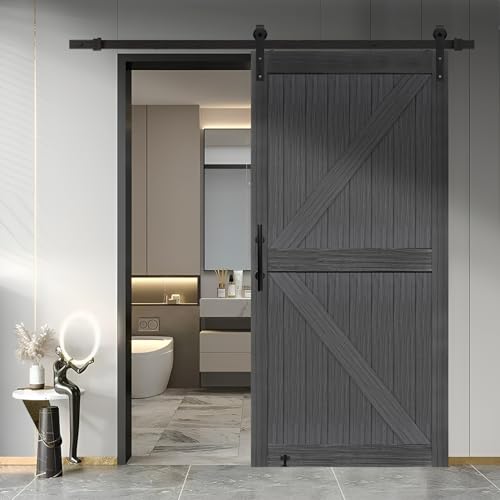 S&Z TOPHAND® 20 in x 84 in Elephant Gray British Brace Knotty Barn Door with 4FT Sliding Hardware Kit G149446