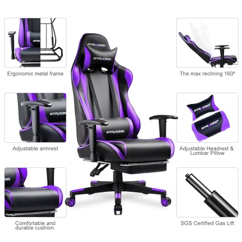 GTRACING Gaming Chair with Footrest, Ergonomic Reclining, Blue C551