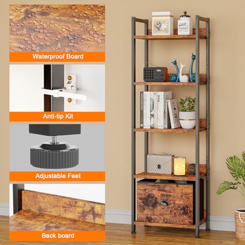 Furologee 5 Tier Bookshelf with Drawer, Industrial Tall Narrow Bookcase, Black T883828