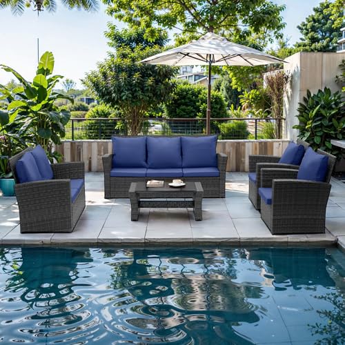 Wisteria Lane 4 Piece Outdoor Patio Furniture Sets, Wicker Conversation Set for Porch Deck, Gray Rattan Sofa Chair with Cushion