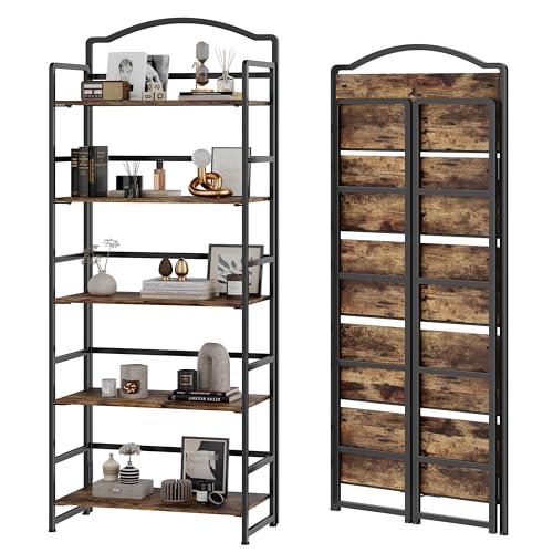 JSB Folding Bookshelf 5 Tier Vintage Wood Bookcase for Living Room Bedroom Office S131658