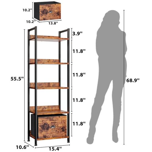 Furologee 5 Tier Bookshelf with Drawer, Industrial Tall Narrow Bookcase, Black T883828