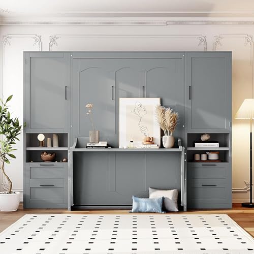 MERITLINE Full Murphy Bed with Desk and Storage, White P49157