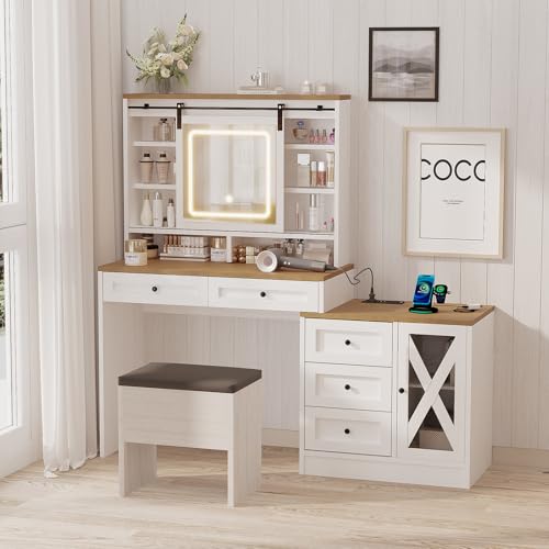 Farmhouse Vanity Desk with Lighted Mirror & Stool, 8 Shelves, 5 Drawers L80251