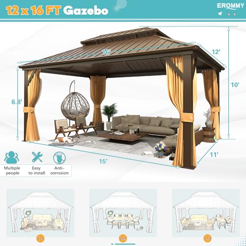 EROMMY 10' x 12' Hardtop Gazebo with Aluminum Frame and Double Roof Q573