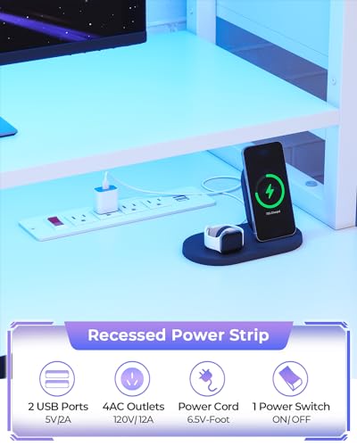 SEDETA Gaming Desk 74.8'' with LED Lights, Hutch and Storage Shelves, White W26827